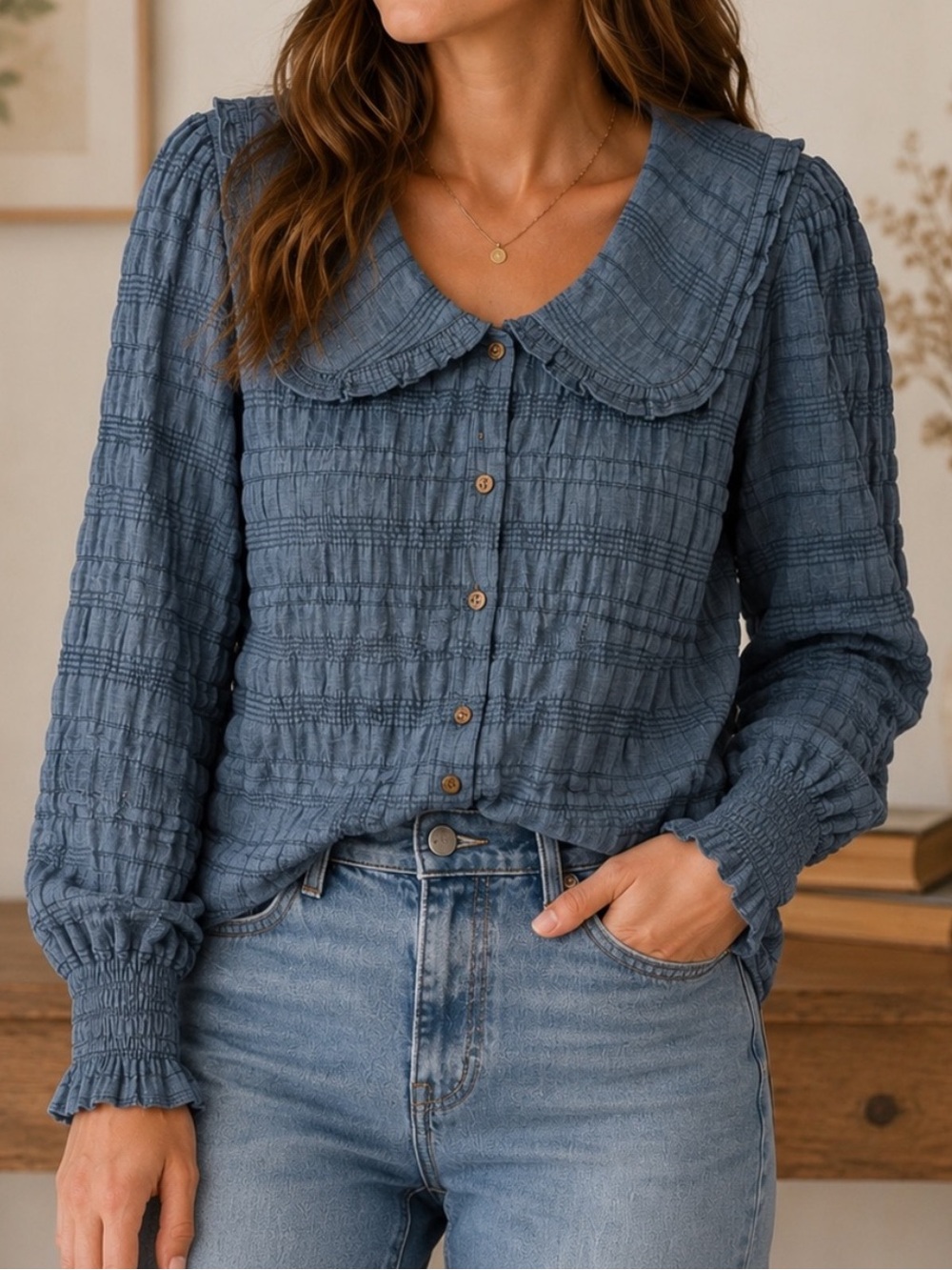 Solitaire Shirt Womens Large Blue Ruffle Collar Textured Button Up Long Sleeve